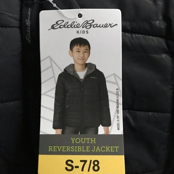 NWT Eddie Bauer Youth Boys Reversible Hooded Puffer Fleece Black Gray Jacket S